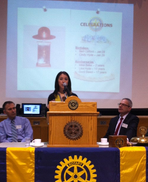 Rebecca Mendes speaks at a Rotary luncheon.