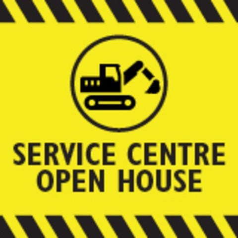 Yellow construction warning sign with text Service Centre Open House