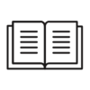 A black linear icon of an open text book.