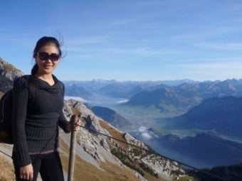 Su Jin Kim hiking in Switzerland. 