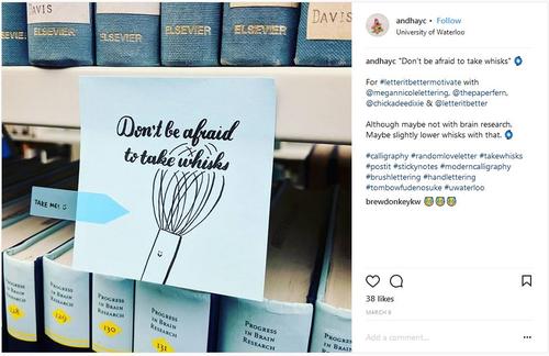 A screenshot of the Instagram, Andy Cho's sticky with a drawing of a whisk that says &quot;Don't be afraid to take whisks&quot;