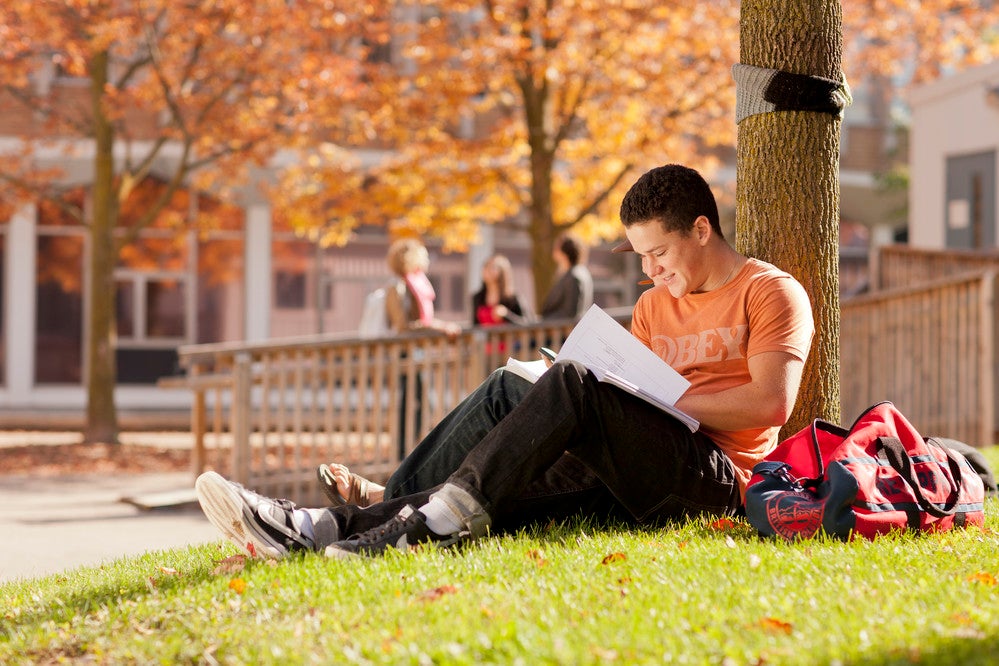 A student sitting outside on campus. They are leaning up against a tree to support their back while they read through notes.