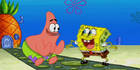 Patrick Star and SpongeBob SquarePants high-fiving.