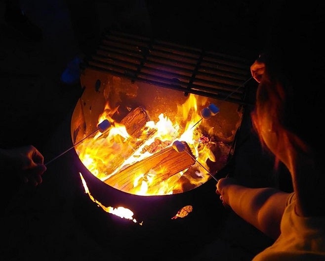 Students roasting marshmallows over fire