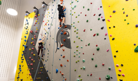 Students climbing the indoor rock climbing wall in the PAC