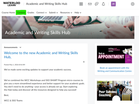 Screenshot of the LEARN module home page with the menu item "content" highlighted