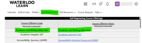 Screenshot of the Self Registration page on LEARN, highlighting the course code and name "Academic and Writing Skills Hub"
