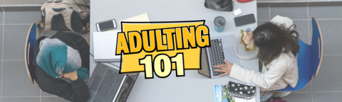Students studying in STC with Adulting 101 logo