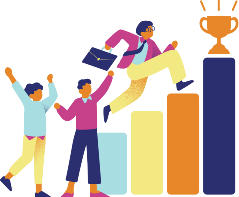 person climbing up stairs to a trophy