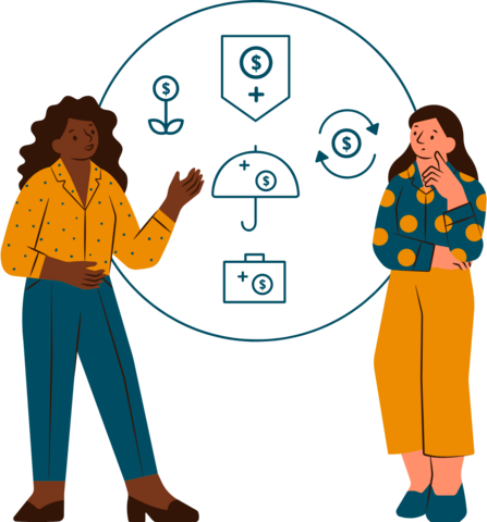 two women talking about money