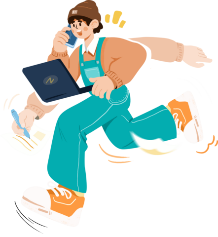 student running holding a laptop and pencil