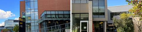 Collage of photos showcasing the main entrance to Needles Hall North and Health Services