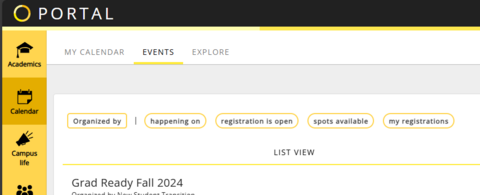 A screenshot of the events tab in Portal web