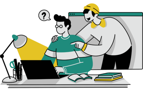 A peer supporting another who is confused at their work screen.