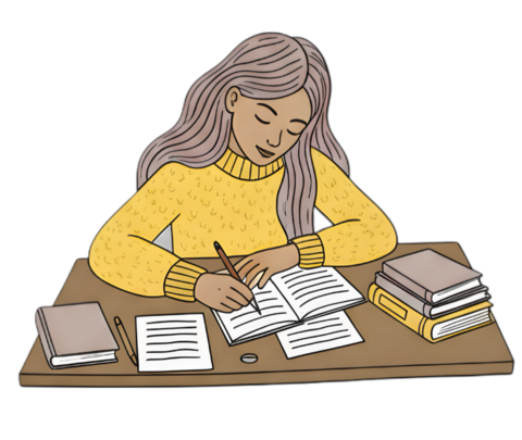 A girl sitting at a desk writing on a notebook. There are many books and papers placed on the desk.