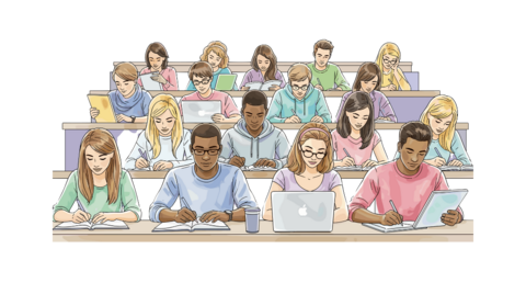 Illustration of a group of students writing lecture notes in a classroom.