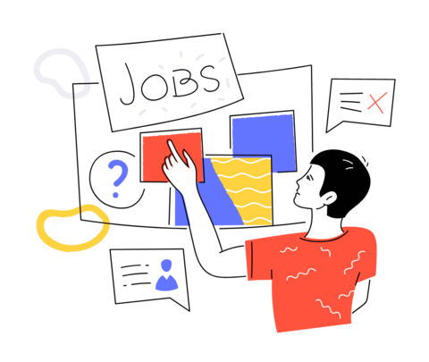 Illustration of a student looking at a job board.