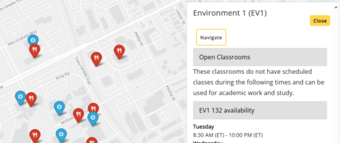 A screenshot of the Campus Map and Open Classrooms in Portal web