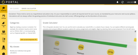 screen capture from the Portal app showing the grade calculator functionality
