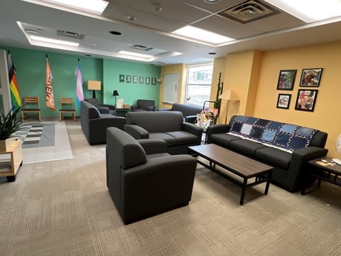 Renison Link Inclusion lounge. Shows the space filled with comfy seating and lots of gathering space.