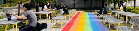 Students sitting at outdoor tables with the Progress Pride Flag painted on the sidewalk