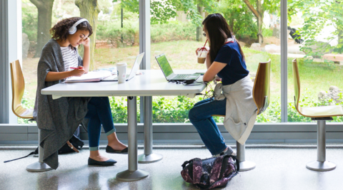 students studying inside QNC, overlooking the Rock Garden