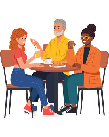 three people sitting and talking