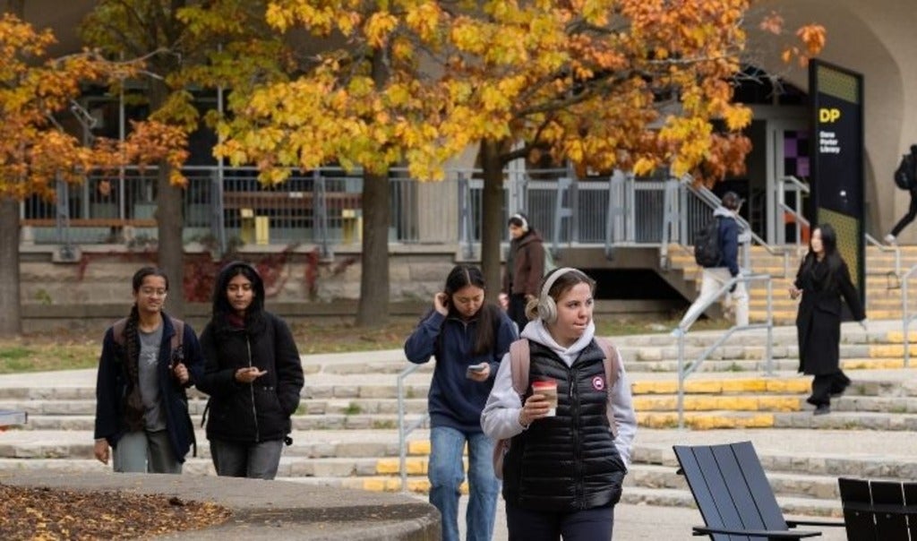 Students walking outside Dana Porter library in the fall