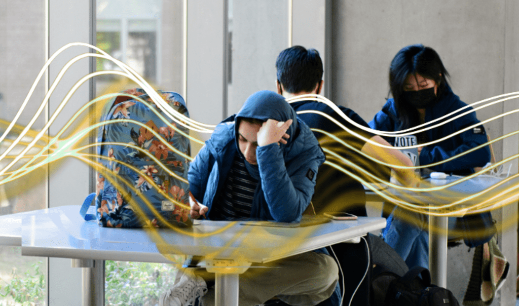 students studying on campus with data streams flowing through the image