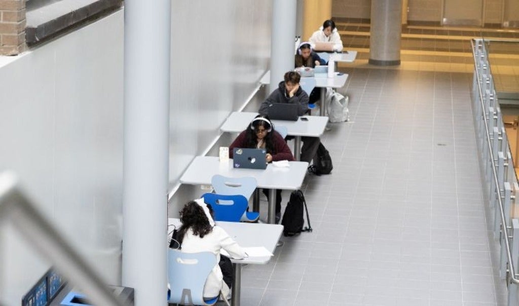 Students sitting in a line of tables studying.