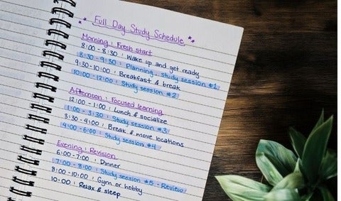 Example study schedule on lined note book paper