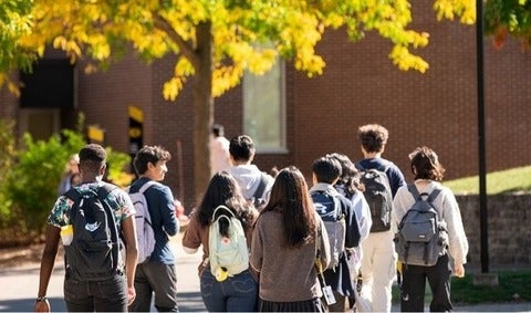 A ground of students walking on campus