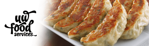 Image of dumplings with the University of Waterloo Food Services logo
