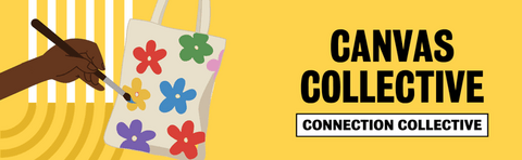 Illustration of a hand holding a paintbrush and painting a canvas tote bag