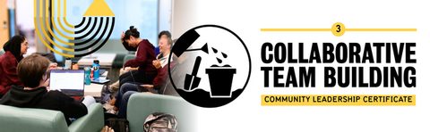 On the left there is text that reads collaborative team building, community leadership certificate. The middle is an icon of watering a potted plant. The right is a group of students sitting and studying.