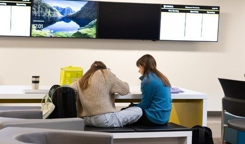 Two students sitting at an indoor bench table hunched over notes. 
