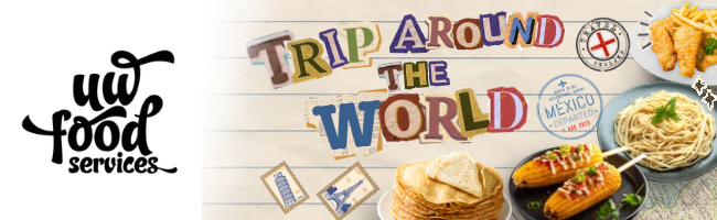 Food Services Trip Around the World event banner featuring different global foods