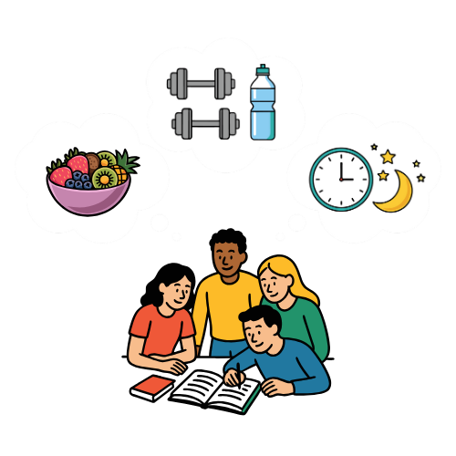 illustration of students studying while thinking of balanced lives