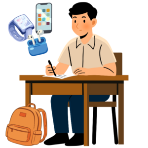 Student writting exam with bag and electronics