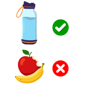clear waterbottle with checkmark and fruite bitten with a x mark
