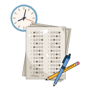 A clock behind a exam bubble sheet and a pencil and pen