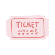 pink movie ticket that says "ticket, admit one"