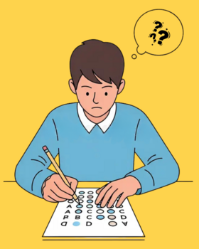 A student sitting at a desk filling out a multiple choice quiz. Thought bubble out their head with question marks.