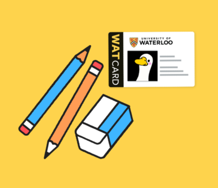 Two pencils, an eraser and a watcard arranged and placed on top a yellow background.