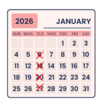 a calendar of the month Jan 2026 with every Tuesday marked with an X.