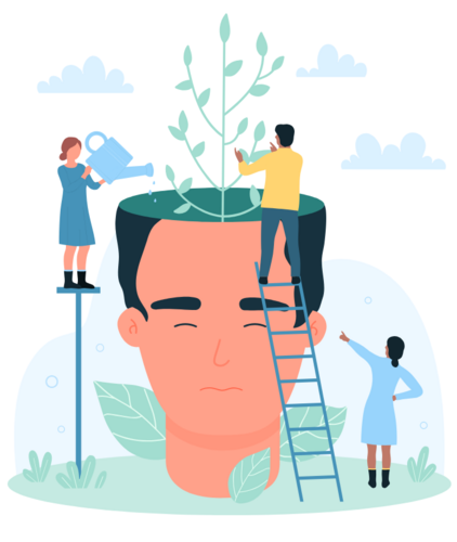 A head that's opened up with a tree in the middle. There are three different people helping to make the tree grow.