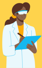 A scientist holding a clipboard and writing on it. The scientist has a lab coat and glasses on.