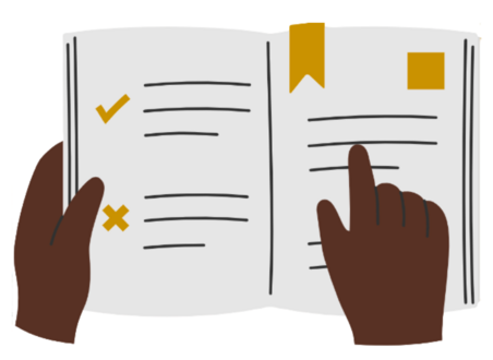 A book open with a bookmark and a hand holding it and a finger pointing at it skimming through