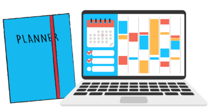A blue planner beside an open laptop with a schedule on the screen.