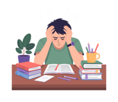 A person sitting at a desk with a notebook open, they look like they're stressed and cramming.